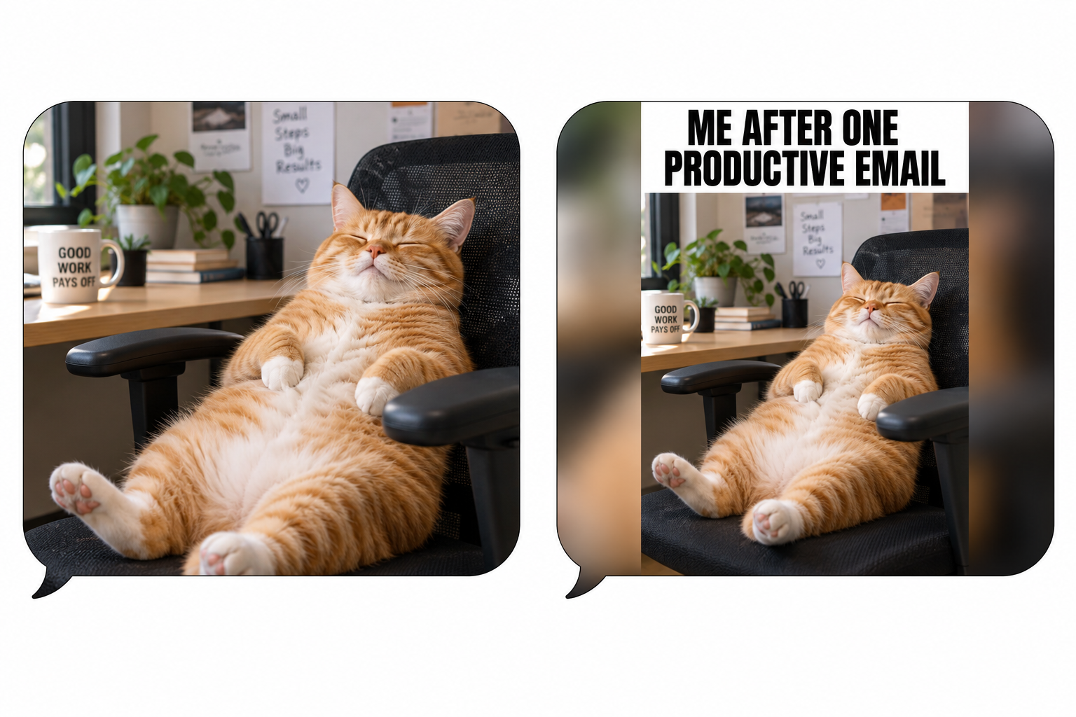 The same reclining cat meme twice: the first preview cuts off the top caption; the padded version shows ME AFTER ONE PRODUCTIVE EMAIL in full.