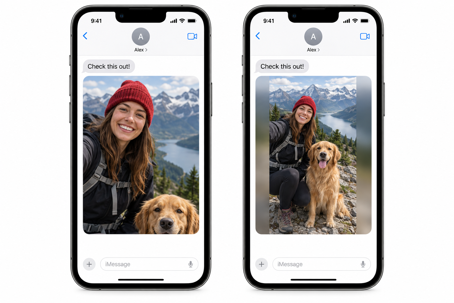 Two Messages screens showing the same hiking photo: a cropped preview cuts off much of the dog, while the padded preview shows the woman and dog in full.